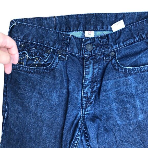 Rare True Religion Jeans Size 34 STRAIGHT Yellow Stitch Blue - Picture 7 of 10